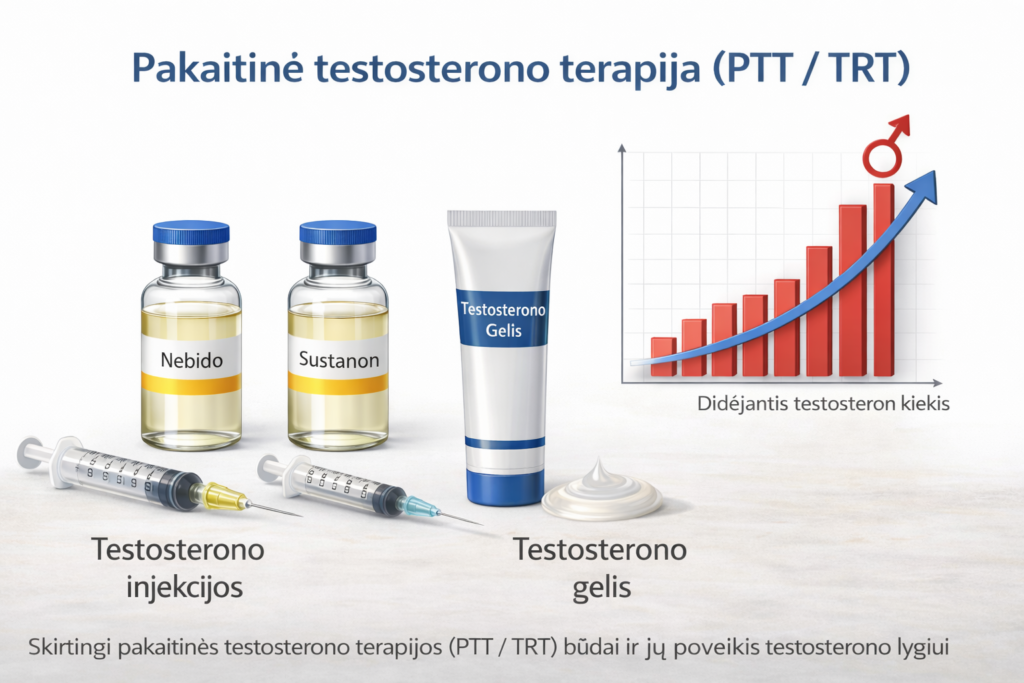 Pakaitinė testosterono terapija: injekcijos, gelis